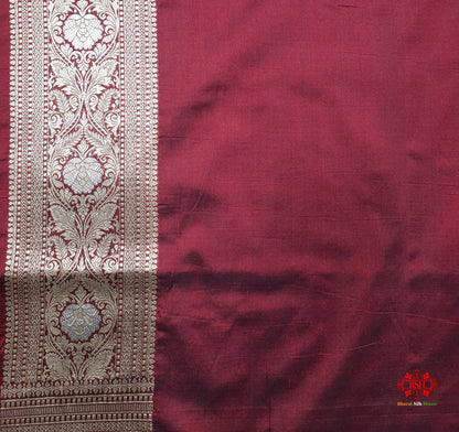 Handloom Banarasi Pure Katan Silk Opara Sona Rupa Dual Zari Saree Floral Jaal In Shades Of Maroon - Bharat Silk House Pure Kataan Silk