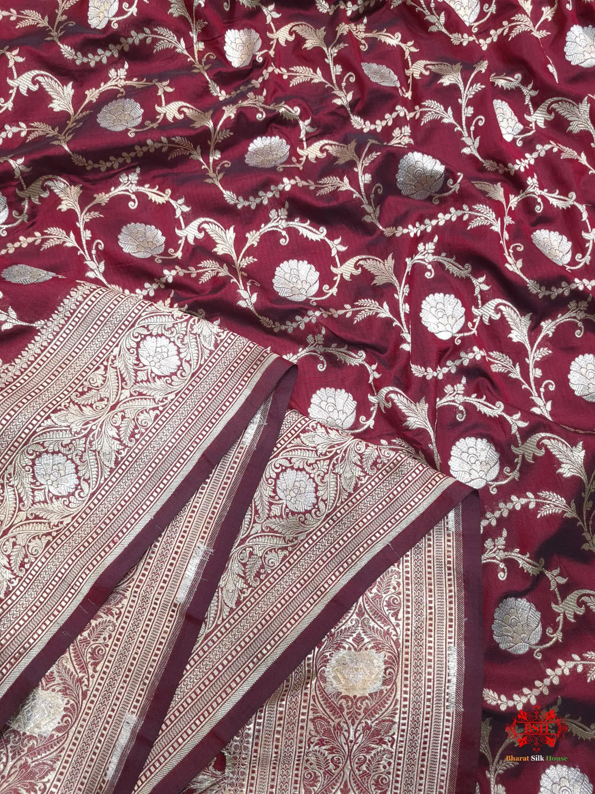 Handloom Banarasi Pure Katan Silk Opara Sona Rupa Dual Zari Saree Floral Jaal In Shades Of Maroon - Bharat Silk House Pure Kataan Silk