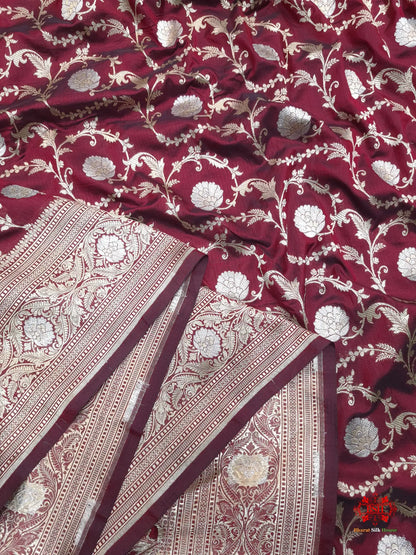 Handloom Banarasi Pure Katan Silk Opara Sona Rupa Dual Zari Saree Floral Jaal In Shades Of Maroon - Bharat Silk House Pure Kataan Silk