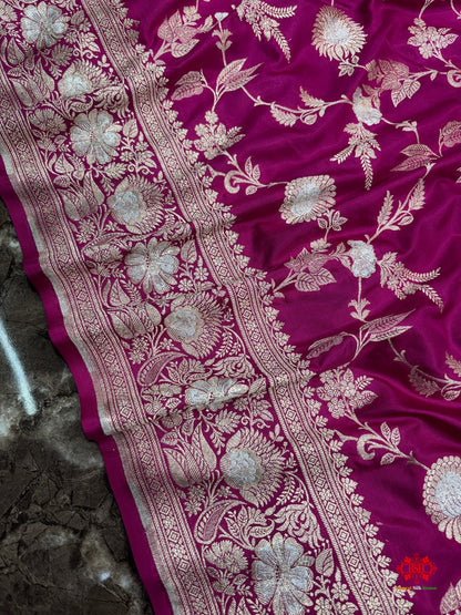 Handloom Banarasi Pure Katan Silk Opara Sona Rupa Dual Zari Saree Floral Jaal In Shades Of Rani - Bharat Silk House Pure Kataan Silk
