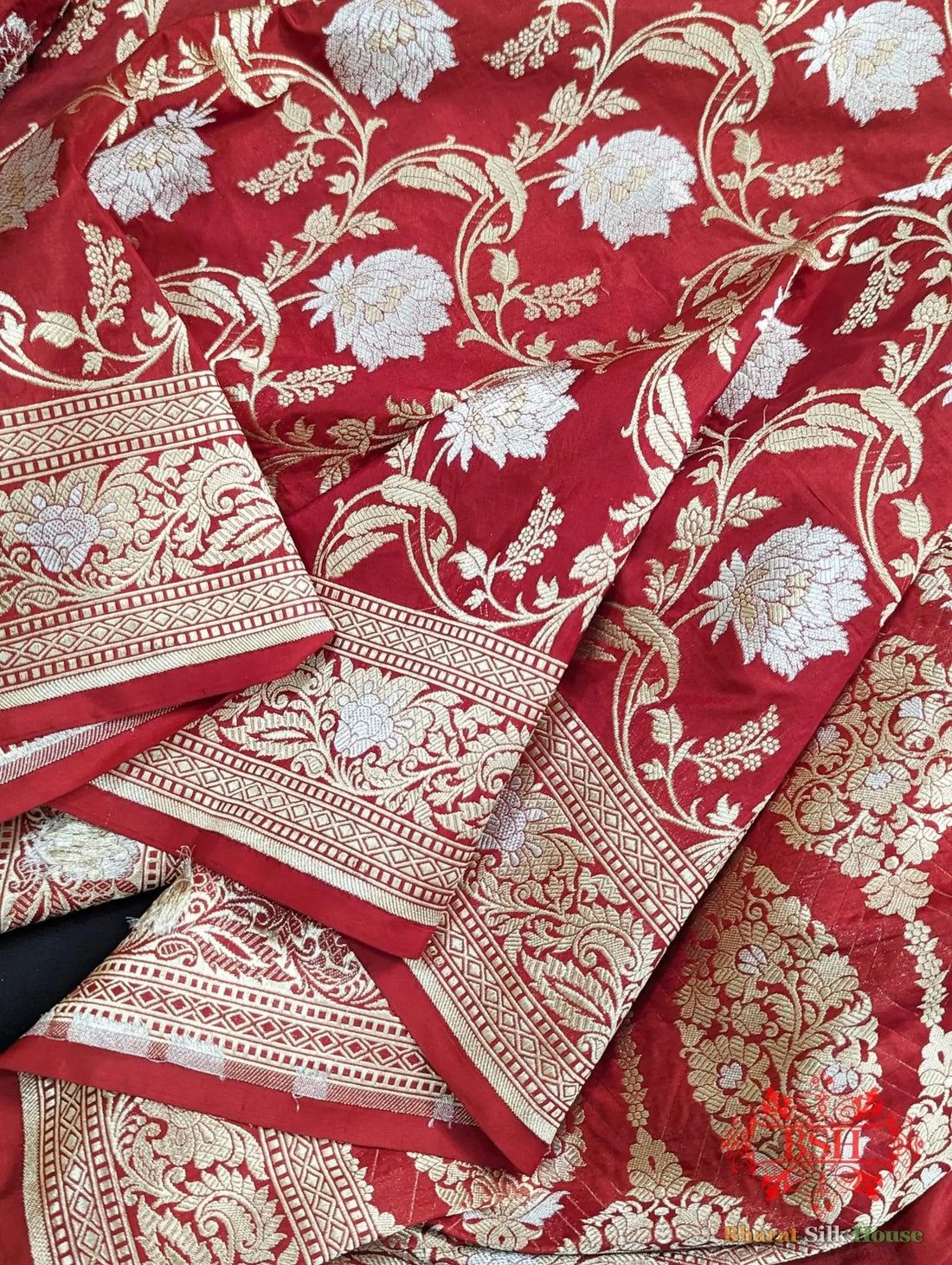 Handloom Banarasi Pure Katan Silk Opara Sona Rupa Dual Zari Saree Floral Jaal In Shades Of Red - Bharat Silk House Pure Kataan Silk