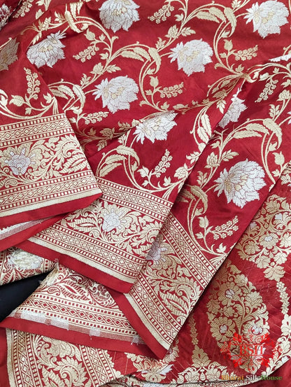 Handloom Banarasi Pure Katan Silk Opara Sona Rupa Dual Zari Saree Floral Jaal In Shades Of Red - Bharat Silk House Pure Kataan Silk