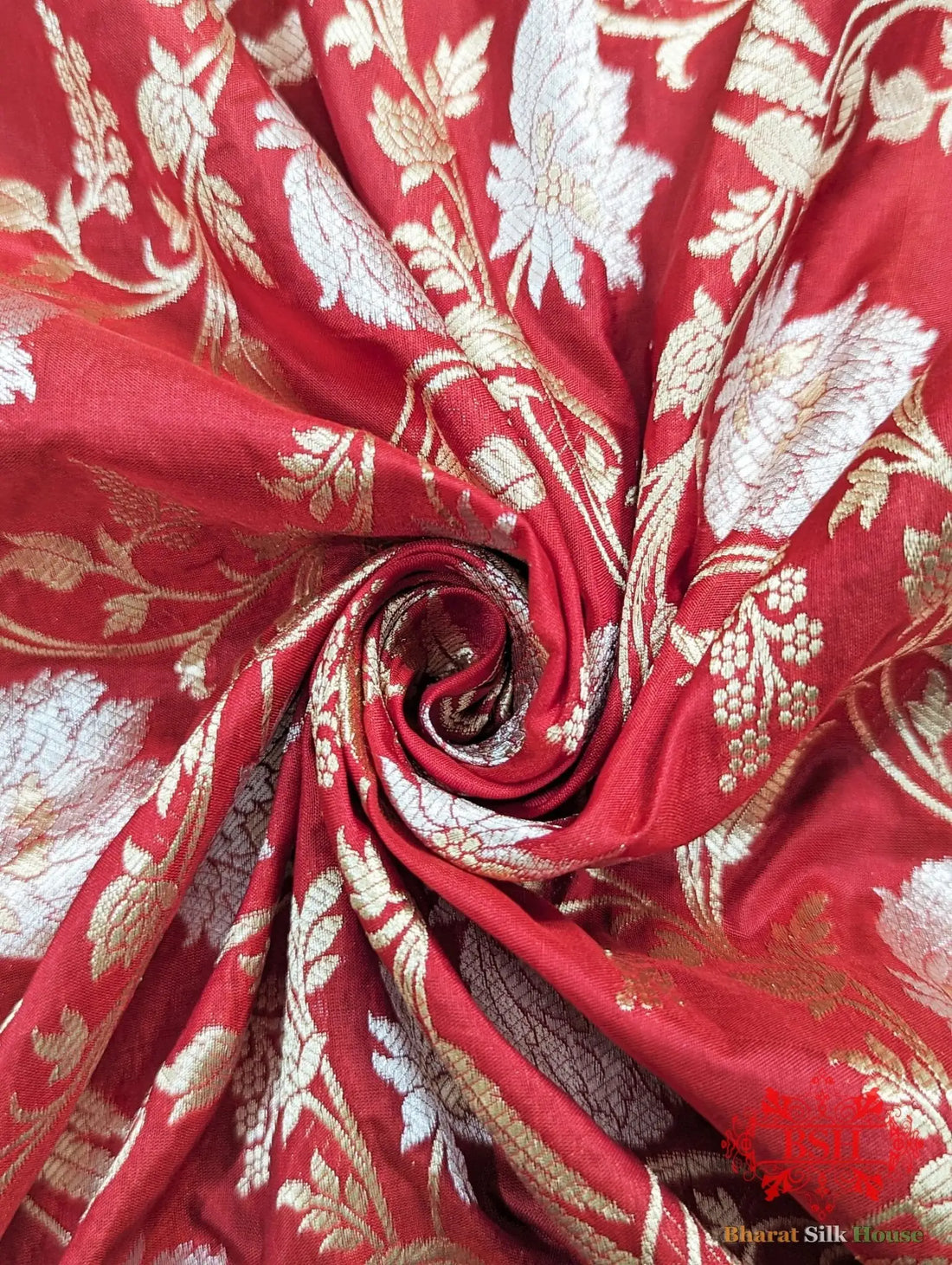 Handloom Banarasi Pure Katan Silk Opara Sona Rupa Dual Zari Saree Floral Jaal In Shades Of Red - Bharat Silk House Pure Kataan Silk