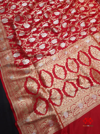 Handloom Banarasi Pure Katan Silk Opara Sona Rupa Dual Zari Saree Floral Jaal In Shades Of Red - Bharat Silk House Pure Kataan Silk