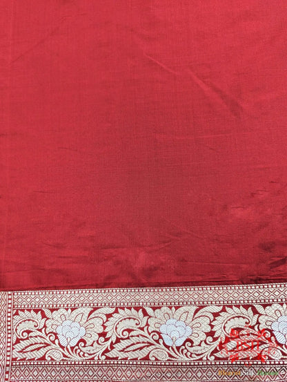 Handloom Banarasi Pure Katan Silk Opara Sona Rupa Dual Zari Saree Floral Jaal In Shades Of Red - Bharat Silk House Pure Kataan Silk