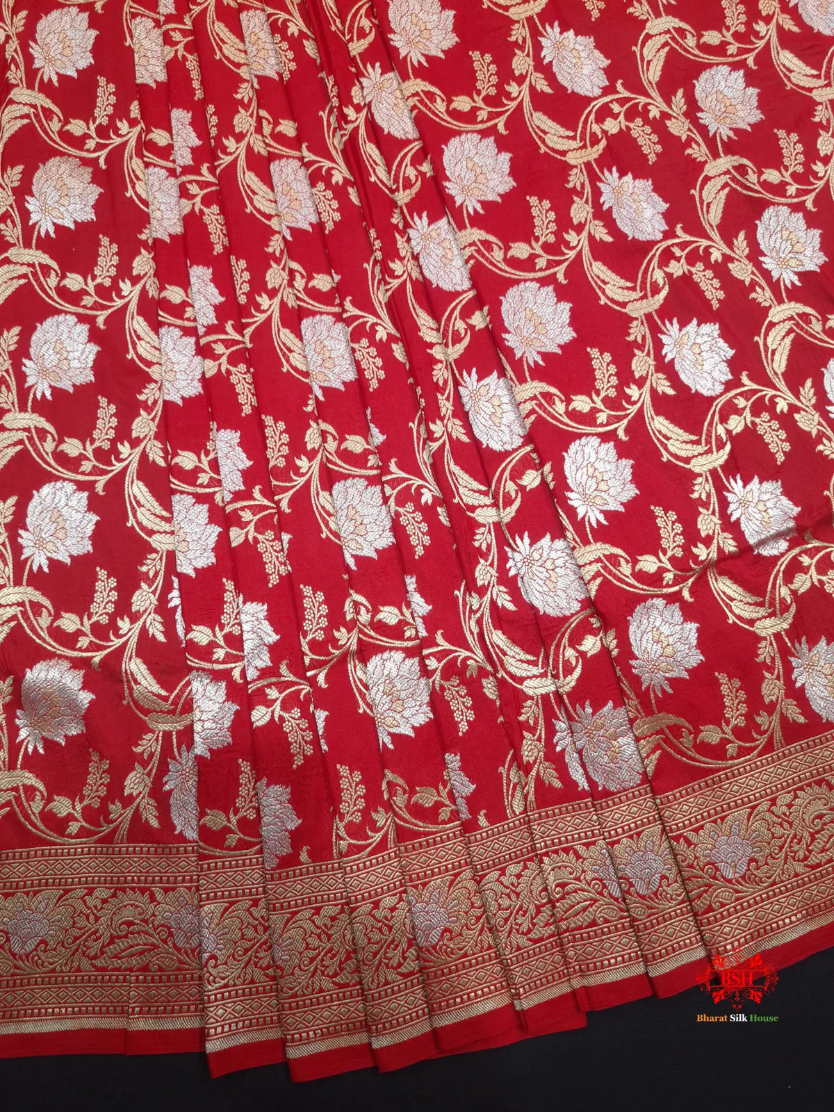 Handloom Banarasi Pure Katan Silk Opara Sona Rupa Dual Zari Saree Floral Jaal In Shades Of Red - Bharat Silk House Pure Kataan Silk