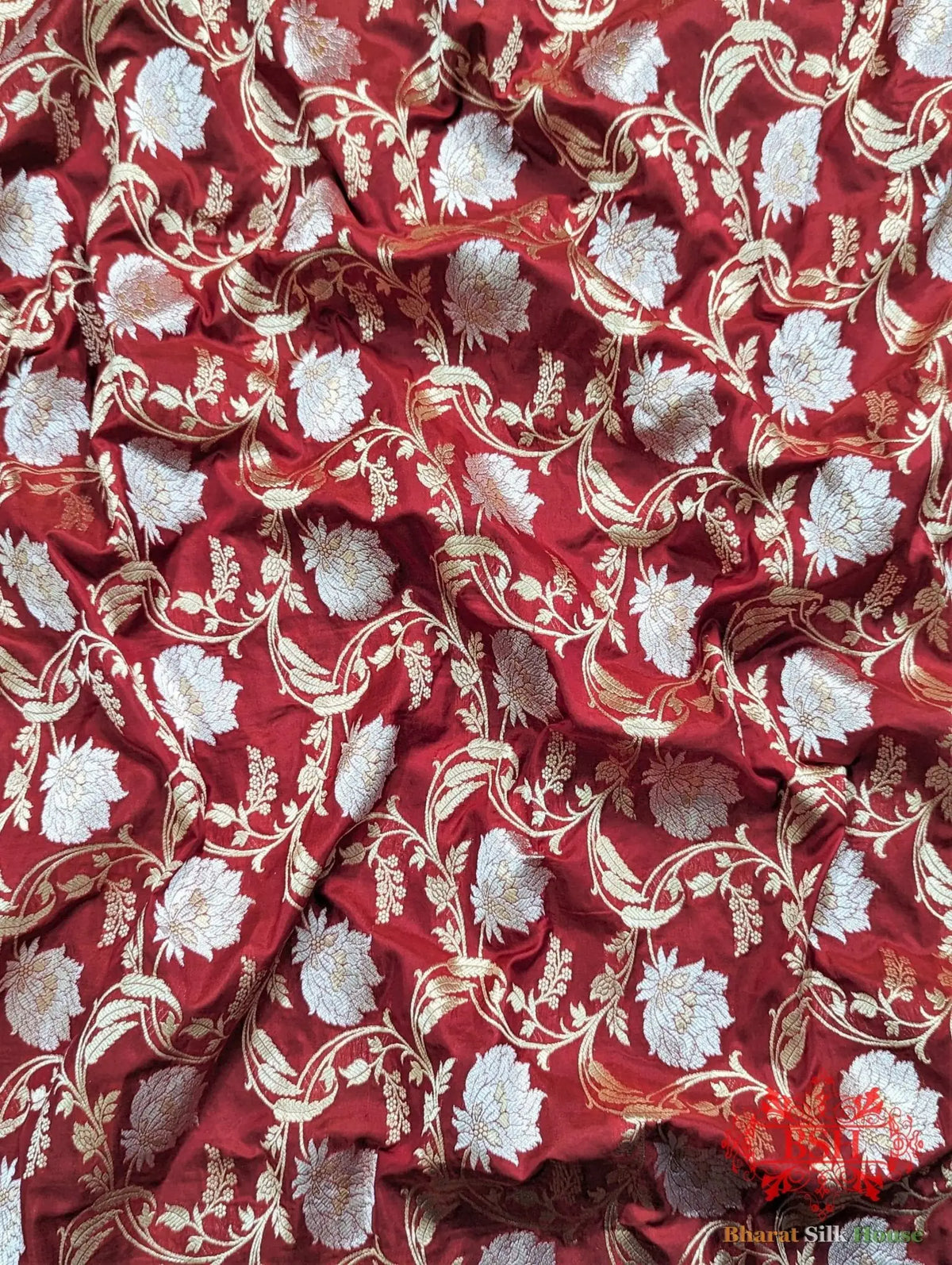 Handloom Banarasi Pure Katan Silk Opara Sona Rupa Dual Zari Saree Floral Jaal In Shades Of Red - Bharat Silk House Pure Kataan Silk