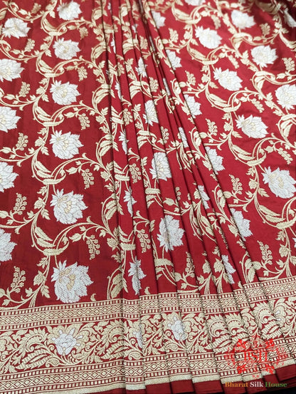 Handloom Banarasi Pure Katan Silk Opara Sona Rupa Dual Zari Saree Floral Jaal In Shades Of Red - Bharat Silk House Pure Kataan Silk