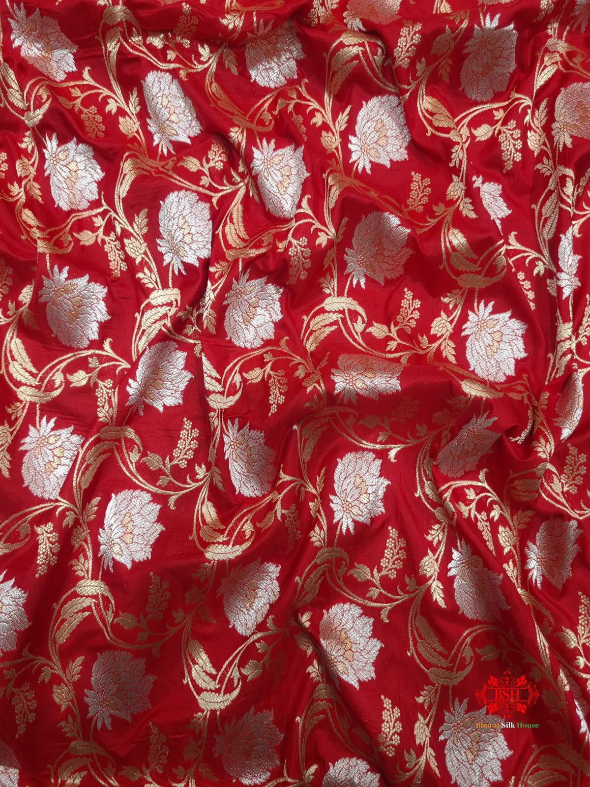 Handloom Banarasi Pure Katan Silk Opara Sona Rupa Dual Zari Saree Floral Jaal In Shades Of Red - Bharat Silk House Pure Kataan Silk