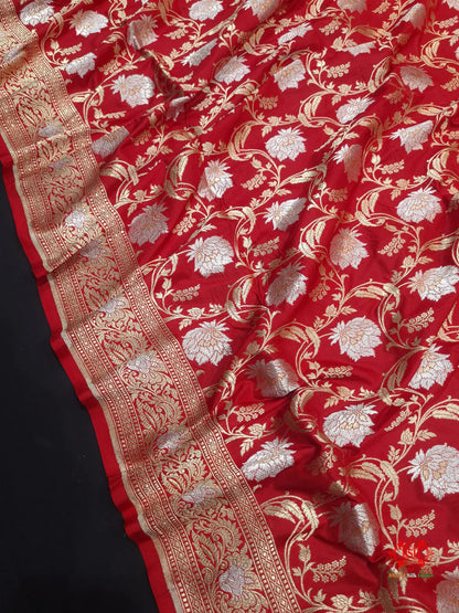 Handloom Banarasi Pure Katan Silk Opara Sona Rupa Dual Zari Saree Floral Jaal In Shades Of Red - Bharat Silk House Pure Kataan Silk