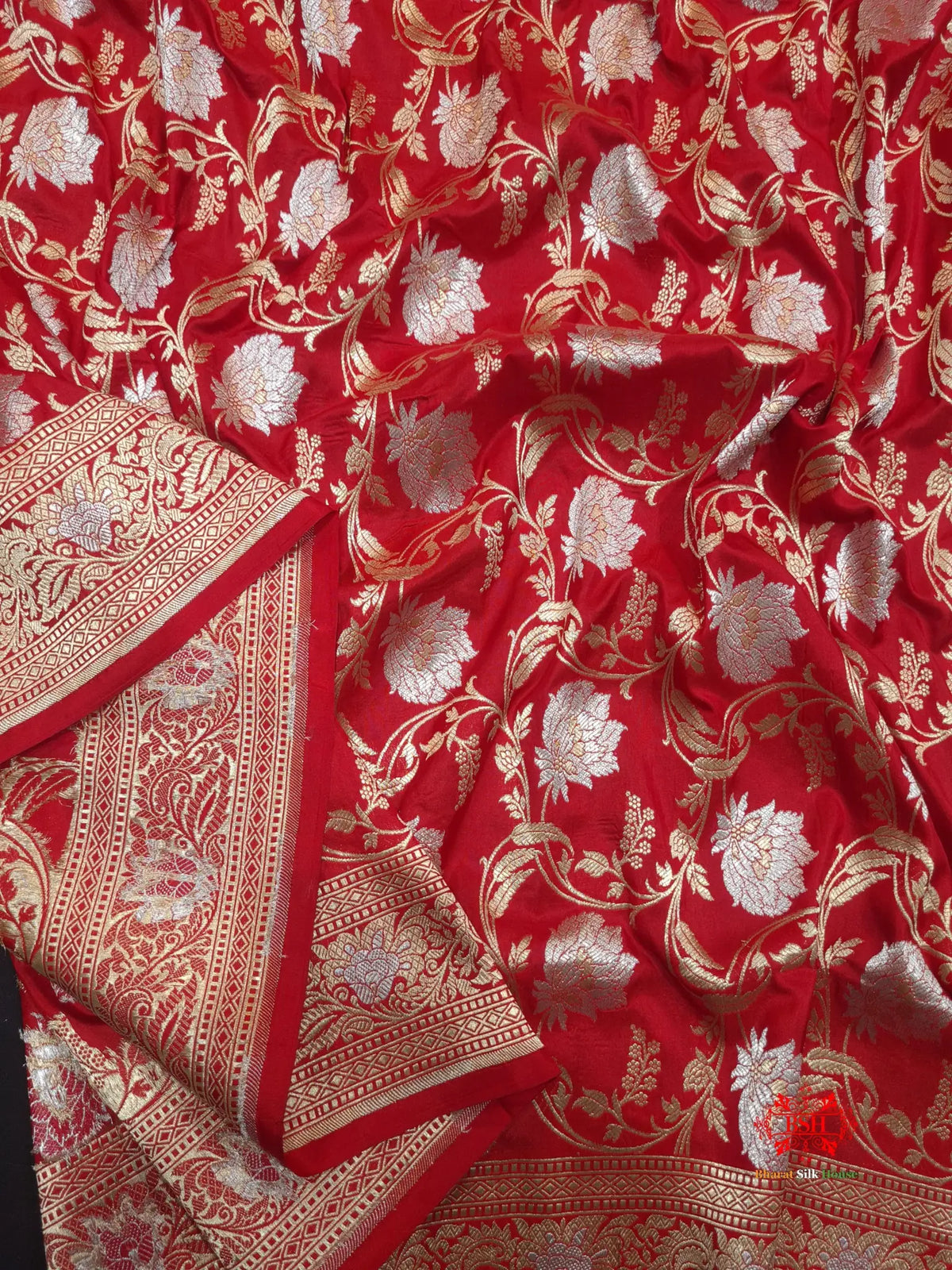 Handloom Banarasi Pure Katan Silk Opara Sona Rupa Dual Zari Saree Floral Jaal In Shades Of Red - Bharat Silk House Pure Kataan Silk