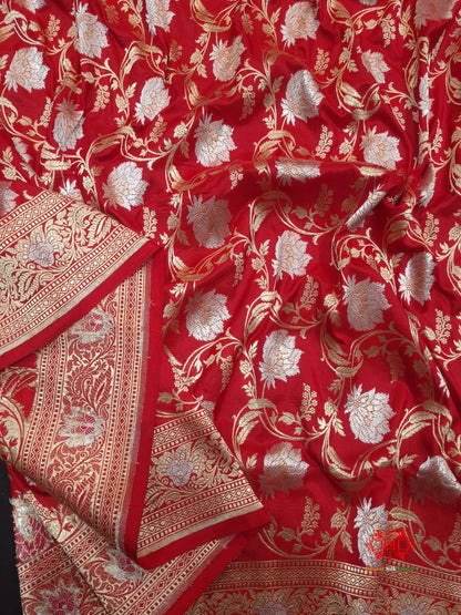 Handloom Banarasi Pure Katan Silk Opara Sona Rupa Dual Zari Saree Floral Jaal In Shades Of Red - Bharat Silk House Pure Kataan Silk