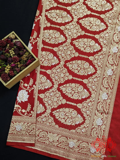 Handloom Banarasi Pure Katan Silk Opara Sona Rupa Dual Zari Saree Floral Jaal In Shades Of Red - Bharat Silk House Pure Kataan Silk