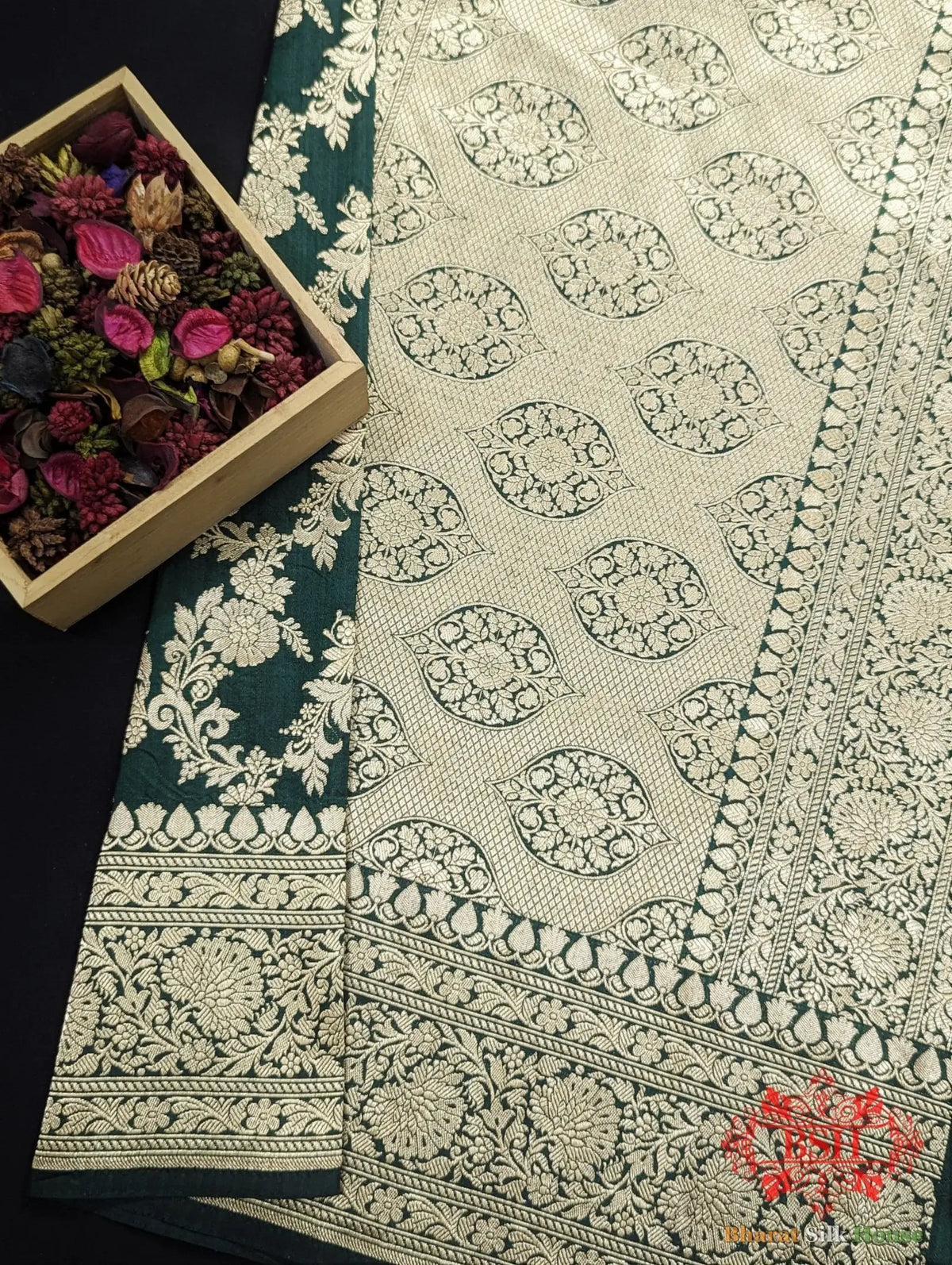 Handloom Banarasi Pure Katan Silk Opara With Floral Jaal In Shades Of Green - Bharat Silk House Pure Kataan Silk