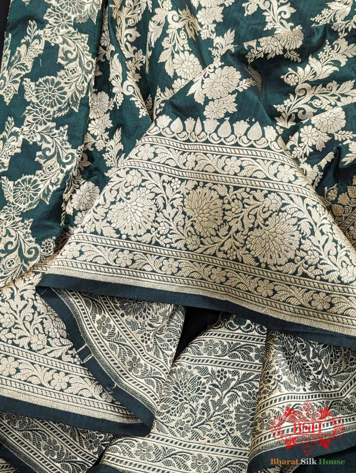 Handloom Banarasi Pure Katan Silk Opara With Floral Jaal In Shades Of Green - Bharat Silk House Pure Kataan Silk
