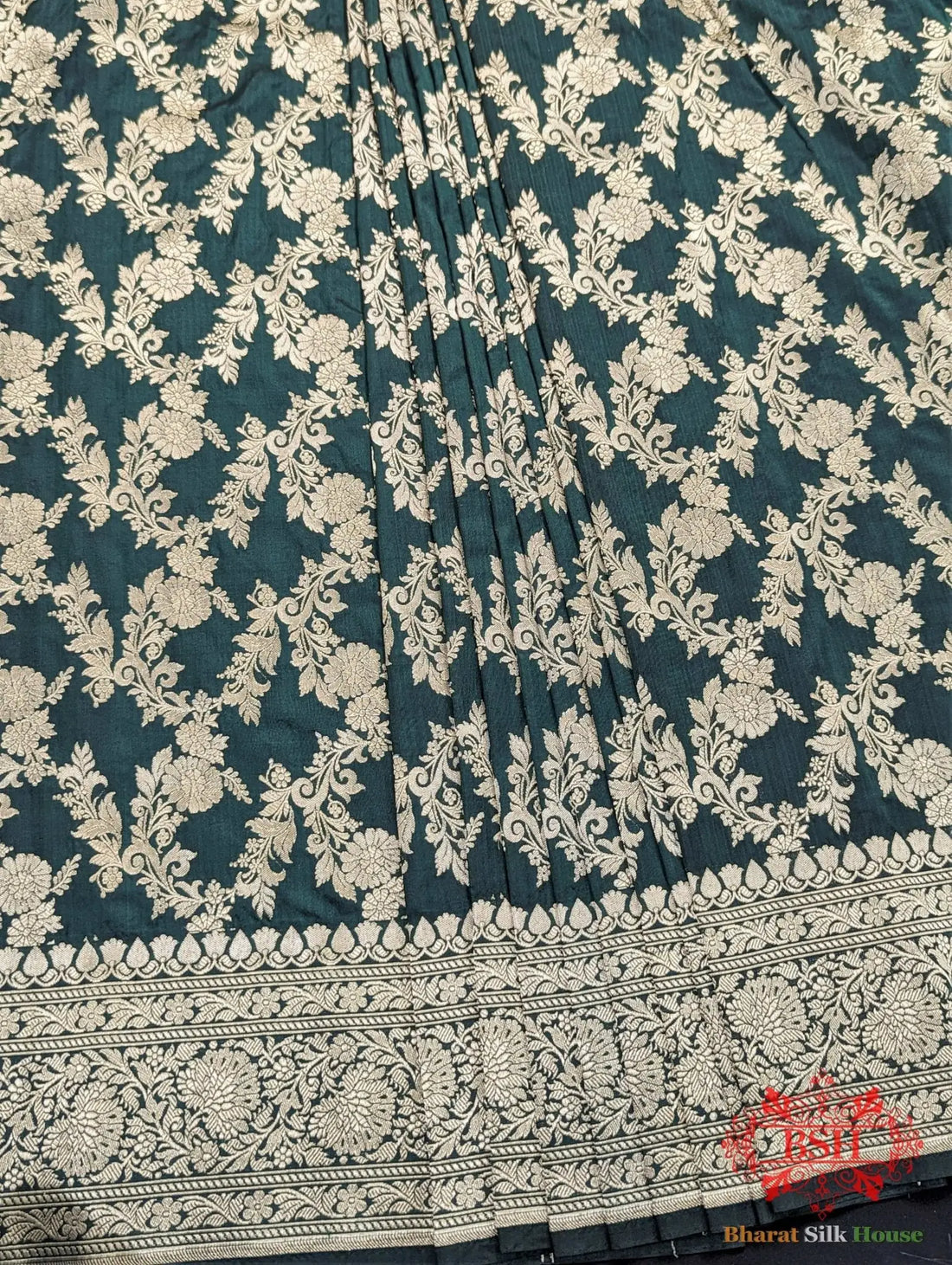 Handloom Banarasi Pure Katan Silk Opara With Floral Jaal In Shades Of Green - Bharat Silk House Pure Kataan Silk