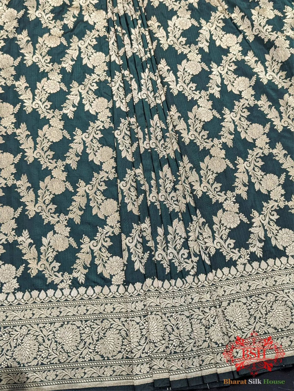 Handloom Banarasi Pure Katan Silk Opara With Floral Jaal In Shades Of Green - Bharat Silk House Pure Kataan Silk
