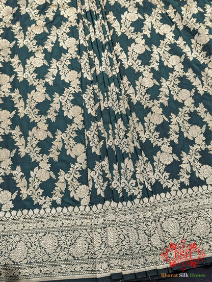 Handloom Banarasi Pure Katan Silk Opara With Floral Jaal In Shades Of Green - Bharat Silk House Pure Kataan Silk