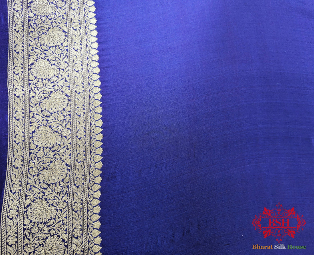 Handloom Banarasi Pure Katan Silk Opara With Floral Jaal In Shades Of Violet Blue - Bharat Silk House