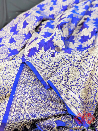 Handloom Banarasi Pure Katan Silk Opara With Floral Jaal In Shades Of Violet Blue - Bharat Silk House Pure Kataan Silk