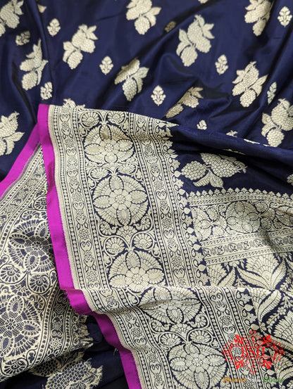 Handloom Banarasi Pure Katan Silk Saree Floral Booti In Shades Of Navy Blue - Bharat Silk House