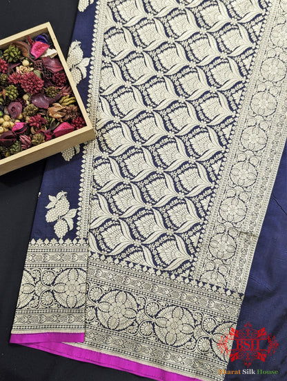 Handloom Banarasi Pure Katan Silk Saree Floral Booti In Shades Of Navy Blue - Bharat Silk House