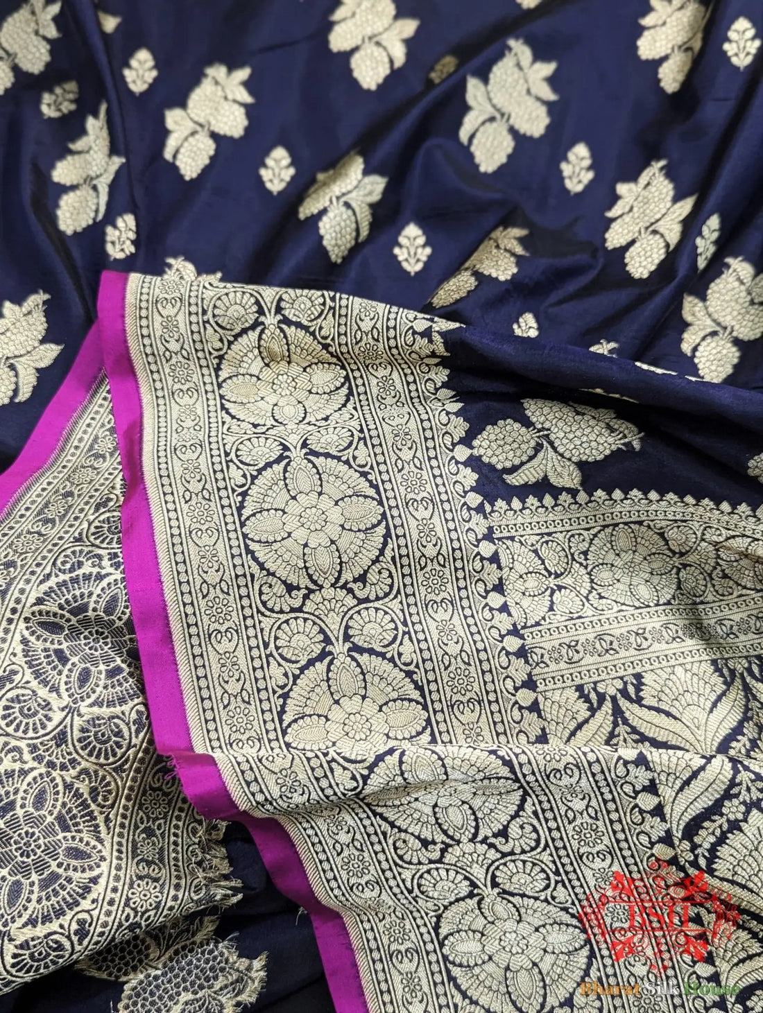Handloom Banarasi Pure Katan Silk Saree Floral Booti In Shades Of Navy Blue - Bharat Silk House Pure Kataan Silk