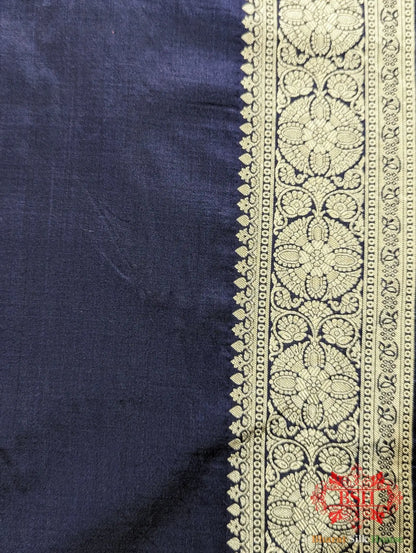 Handloom Banarasi Pure Katan Silk Saree Floral Booti In Shades Of Navy Blue - Bharat Silk House Pure Kataan Silk