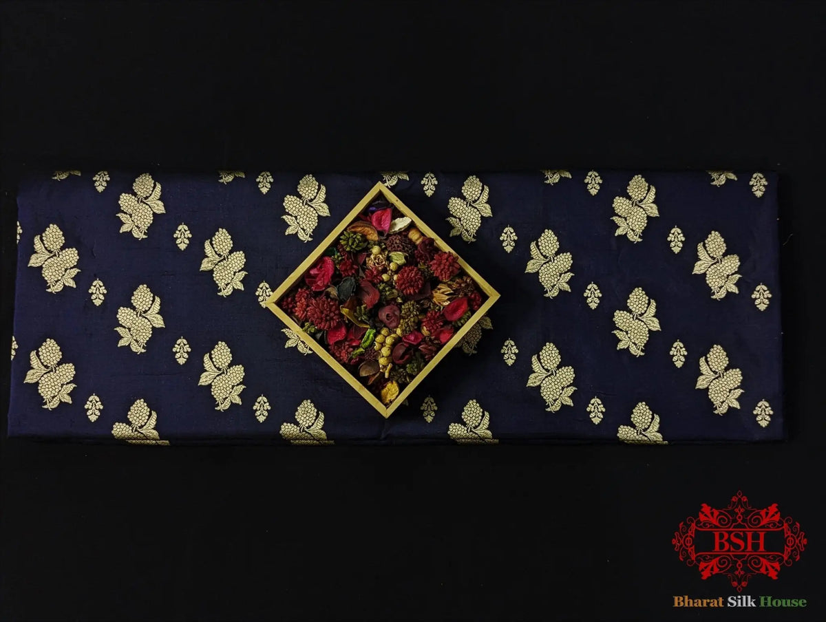 Handloom Banarasi Pure Katan Silk Saree Floral Booti In Shades Of Navy Blue - Bharat Silk House Pure Kataan Silk