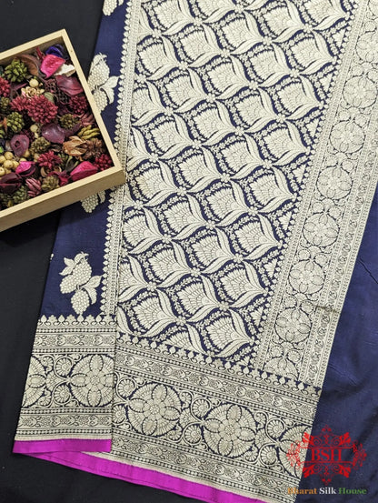Handloom Banarasi Pure Katan Silk Saree Floral Booti In Shades Of Navy Blue - Bharat Silk House Pure Kataan Silk