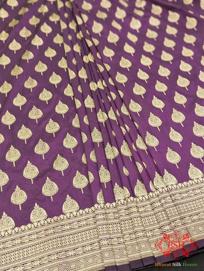 Handloom Banarasi Pure Katan Silk Saree Floral Booti In Shades Of Plum - Bharat Silk House Pure Kataan Silk