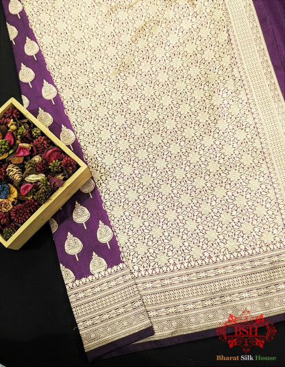 Handloom Banarasi Pure Katan Silk Saree Floral Booti In Shades Of Plum - Bharat Silk House Pure Kataan Silk