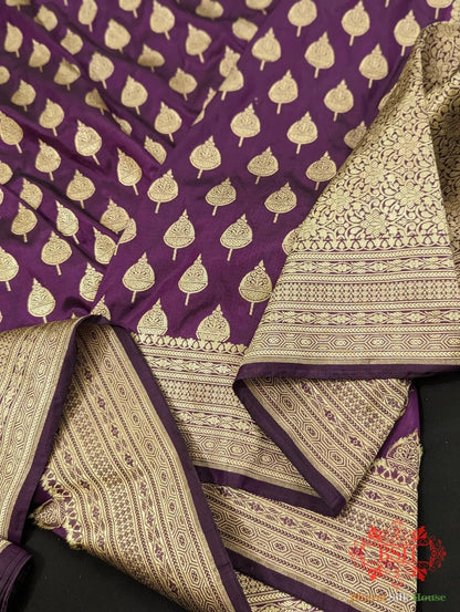 Handloom Banarasi Pure Katan Silk Saree Floral Booti In Shades Of Plum - Bharat Silk House Pure Kataan Silk