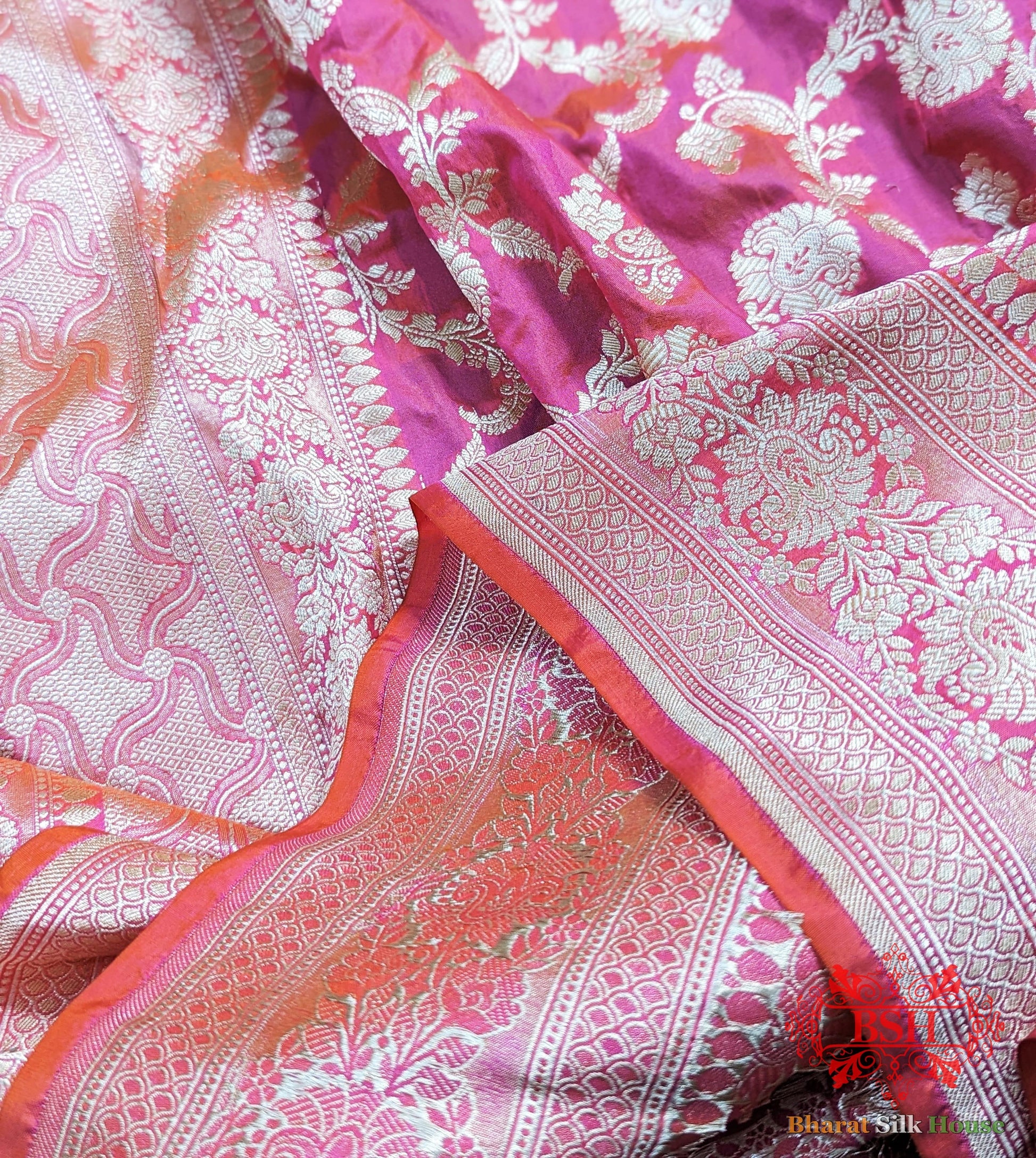 Handloom Banarasi Pure Katan Silk Saree Floral In Shades Of Pink/Orange Cross Color - Bharat Silk House