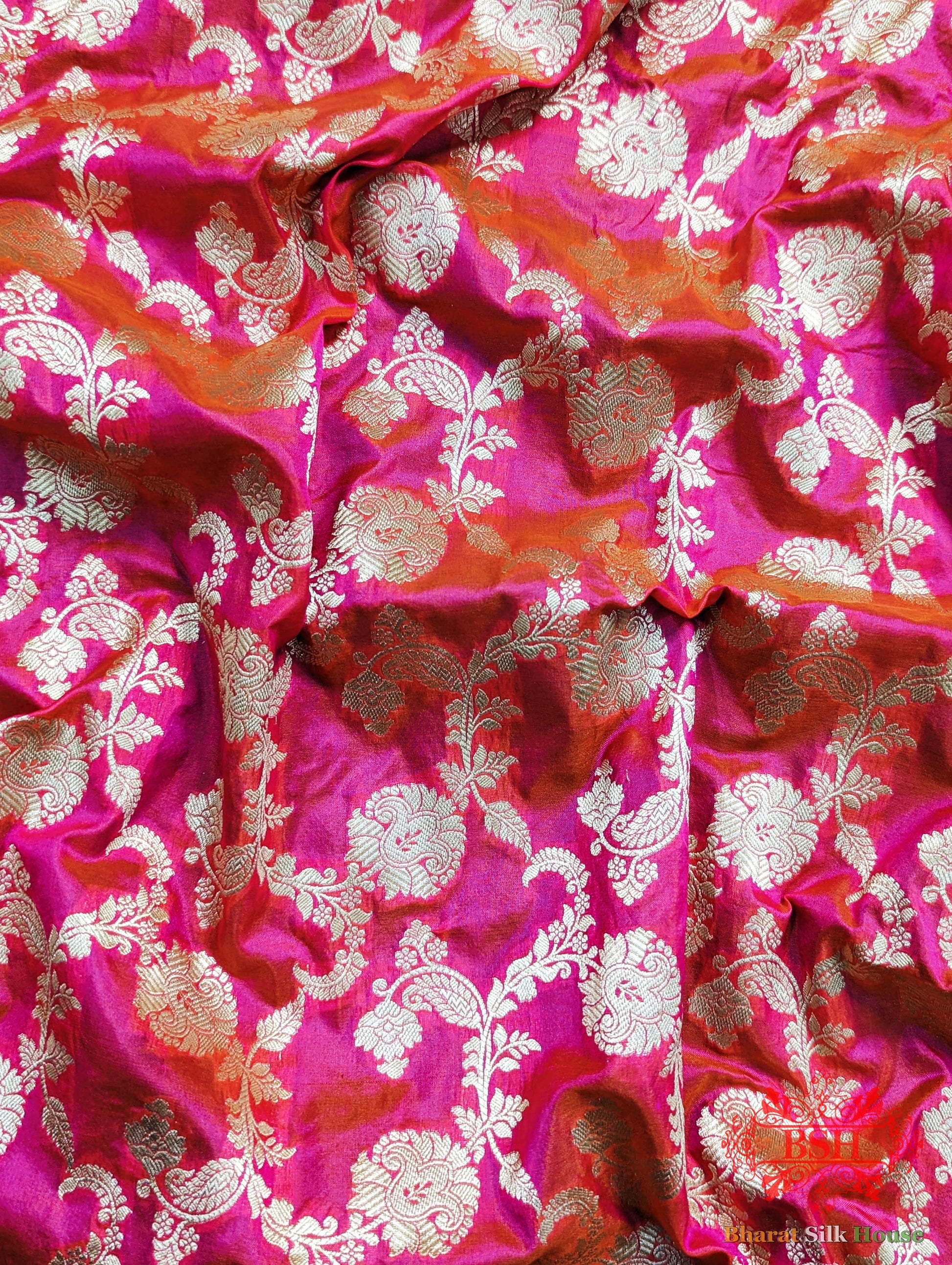 Handloom Banarasi Pure Katan Silk Saree Floral In Shades Of Pink/Orange Cross Color - Bharat Silk House