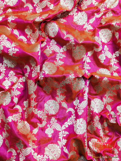 Handloom Banarasi Pure Katan Silk Saree Floral In Shades Of Pink/Orange Cross Color - Bharat Silk House