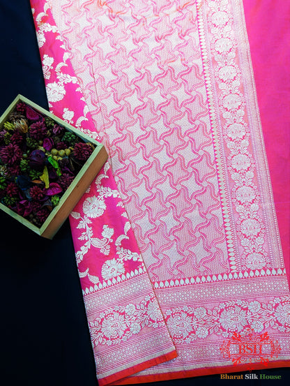Handloom Banarasi Pure Katan Silk Saree Floral In Shades Of Pink/Orange Cross Color - Bharat Silk House