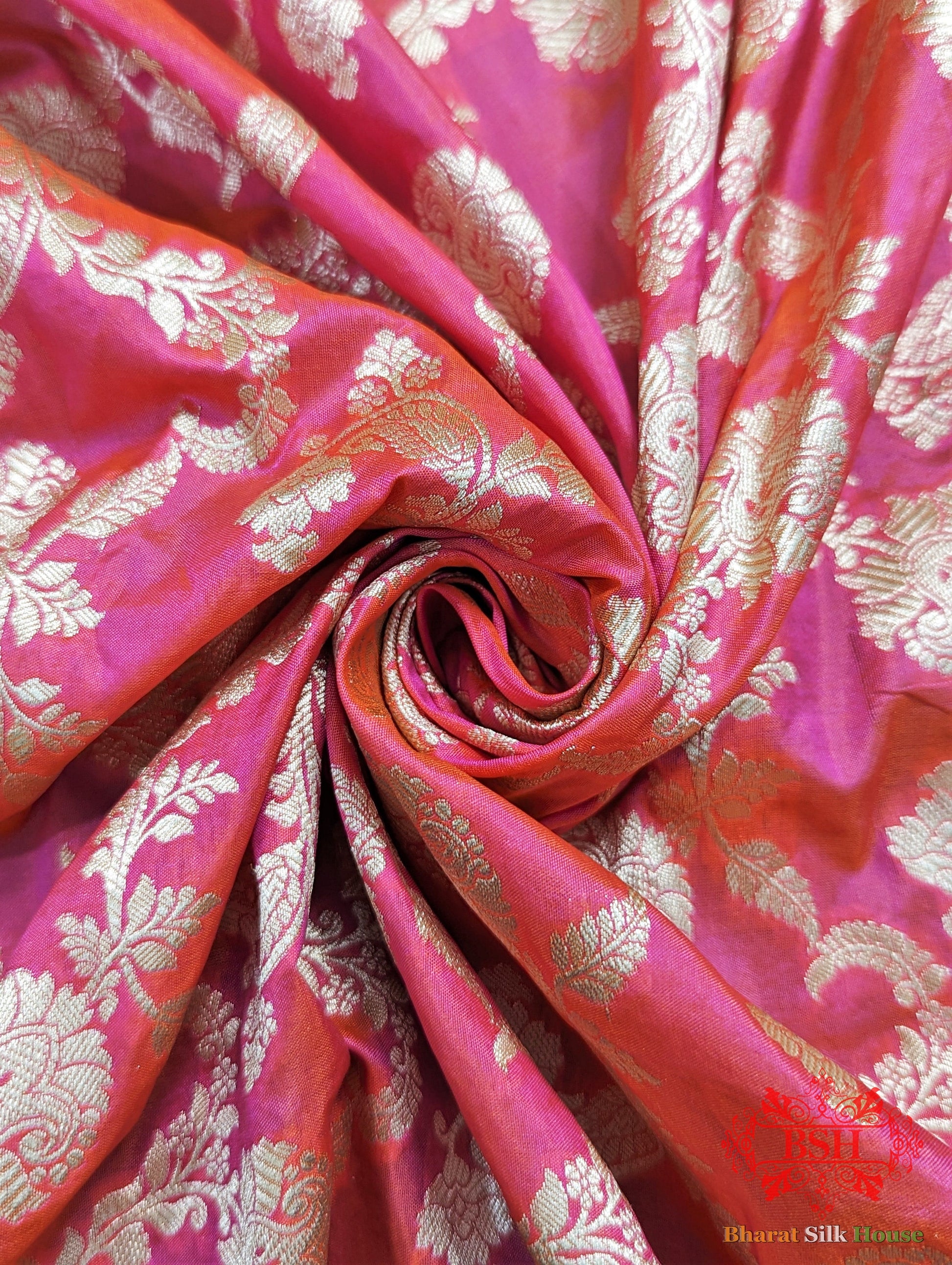 Handloom Banarasi Pure Katan Silk Saree Floral In Shades Of Pink/Orange Cross Color - Bharat Silk House