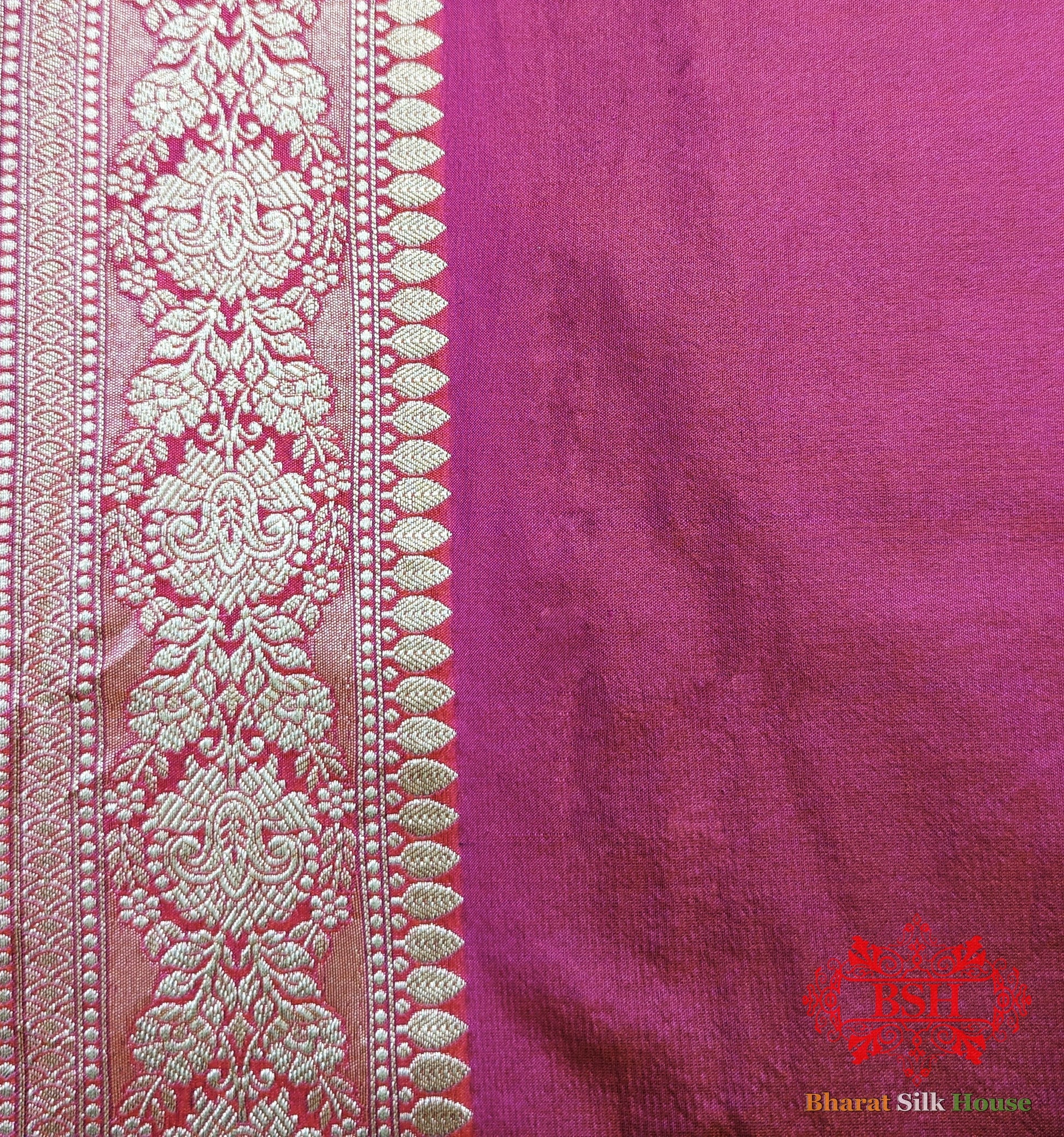 Handloom Banarasi Pure Katan Silk Saree Floral In Shades Of Pink/Orange Cross Color - Bharat Silk House