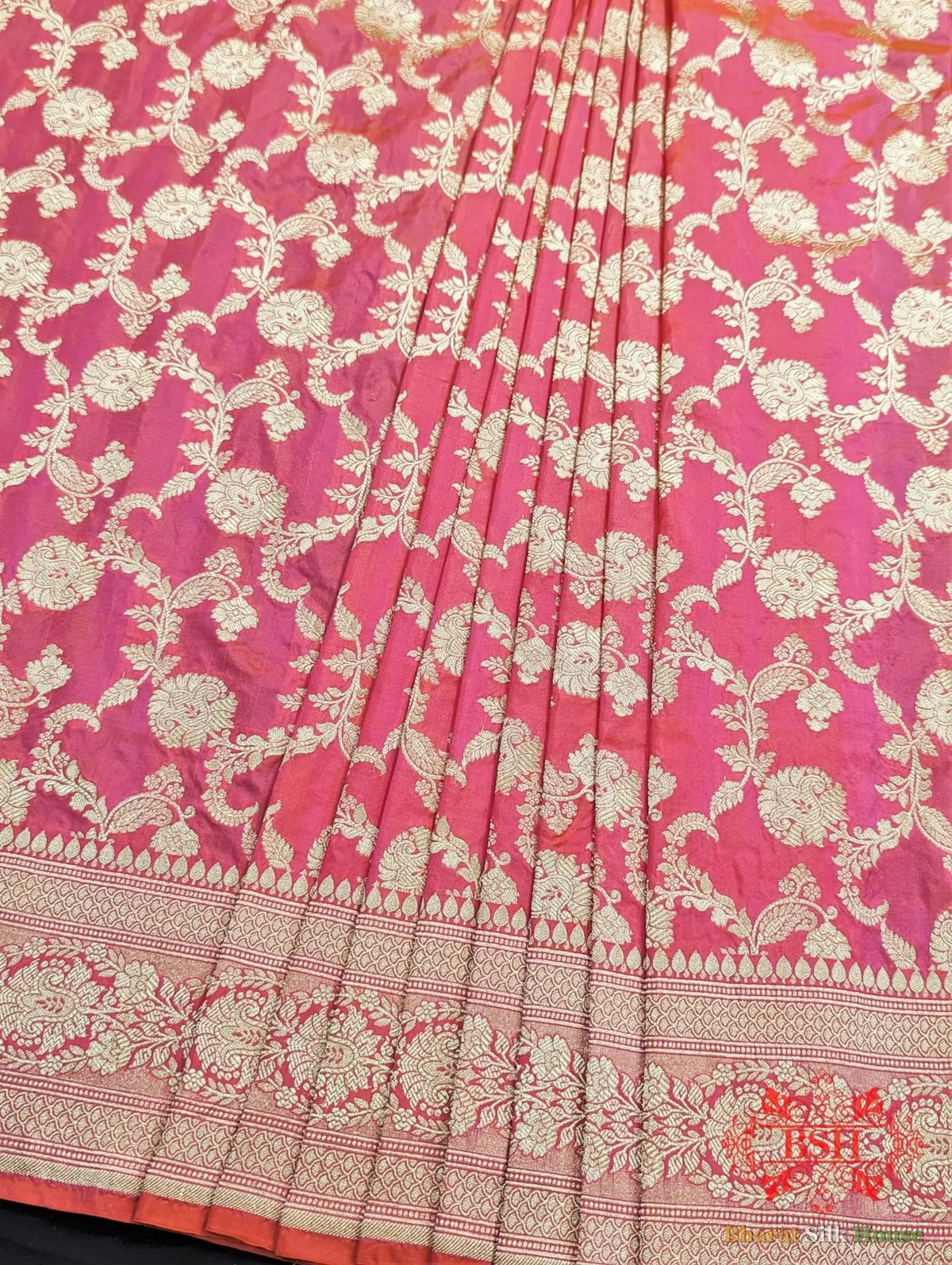 Handloom Banarasi Pure Katan Silk Saree Floral In Shades Of Pink/Orange Cross Color - Bharat Silk House Pure Kataan Silk