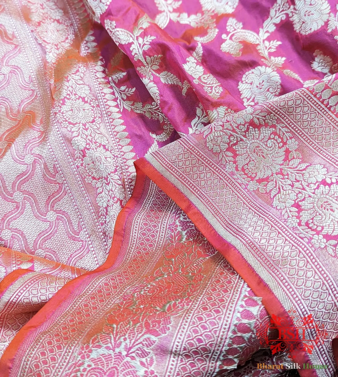 Handloom Banarasi Pure Katan Silk Saree Floral In Shades Of Pink/Orange Cross Color - Bharat Silk House Pure Kataan Silk