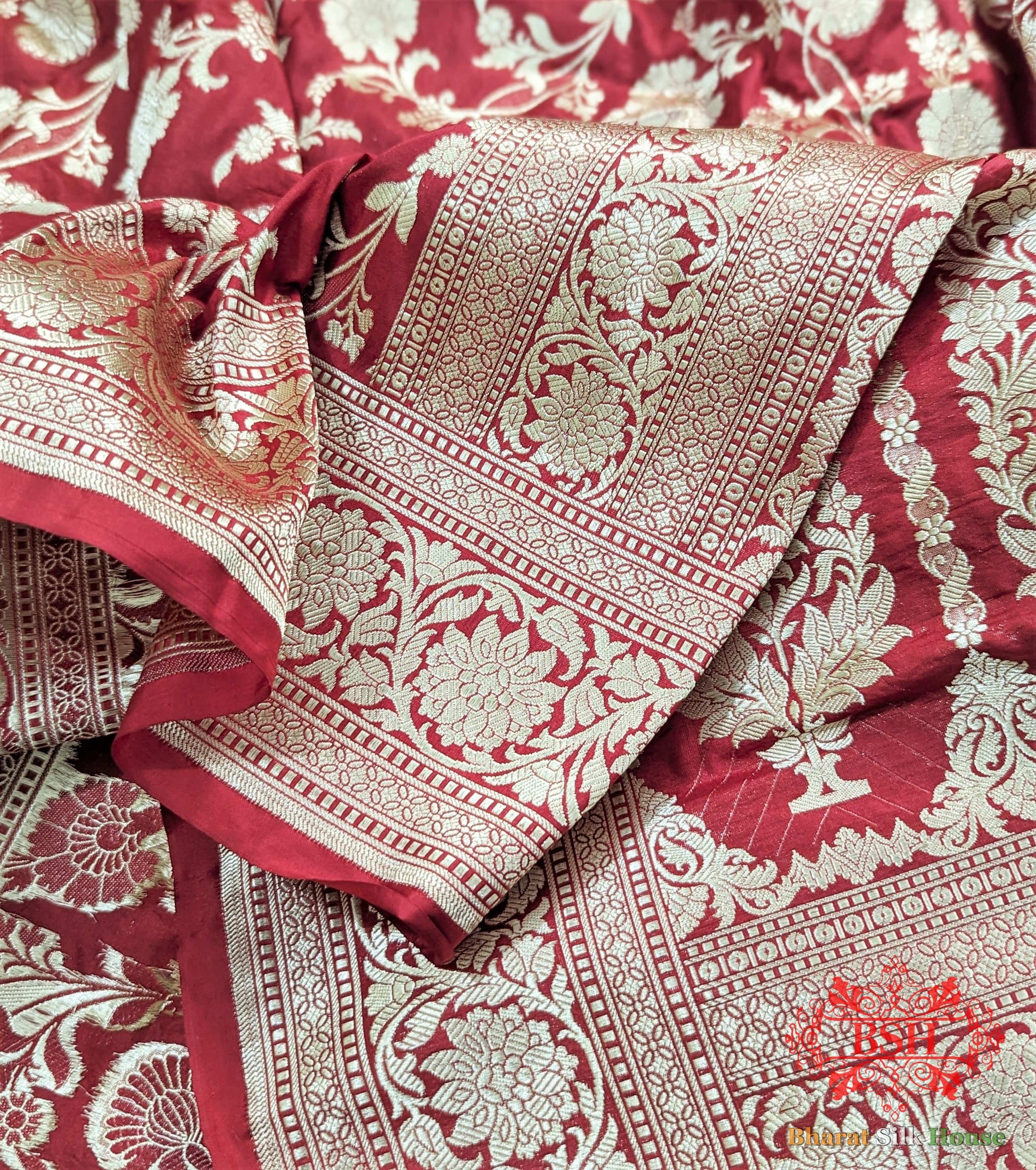 Handloom Banarasi Pure Katan Silk Saree Floral Jaal In Shades Of Red - Bharat Silk House