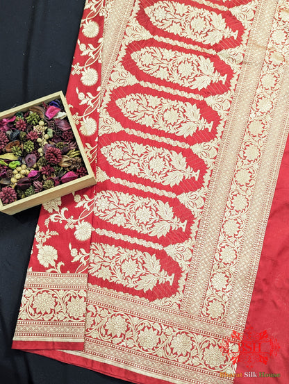 Handloom Banarasi Pure Katan Silk Saree Floral Jaal In Shades Of Red - Bharat Silk House