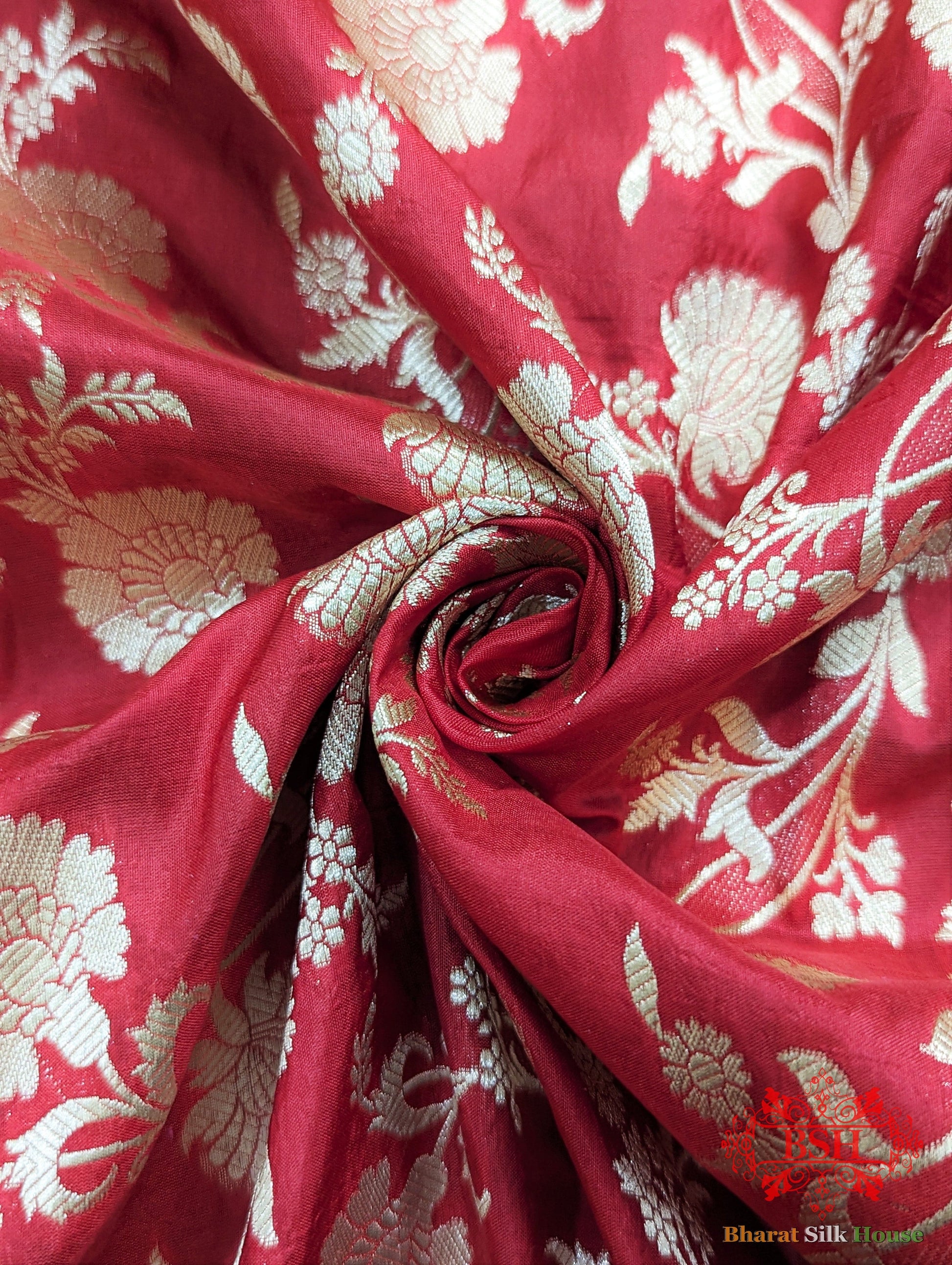 Handloom Banarasi Pure Katan Silk Saree Floral Jaal In Shades Of Red - Bharat Silk House