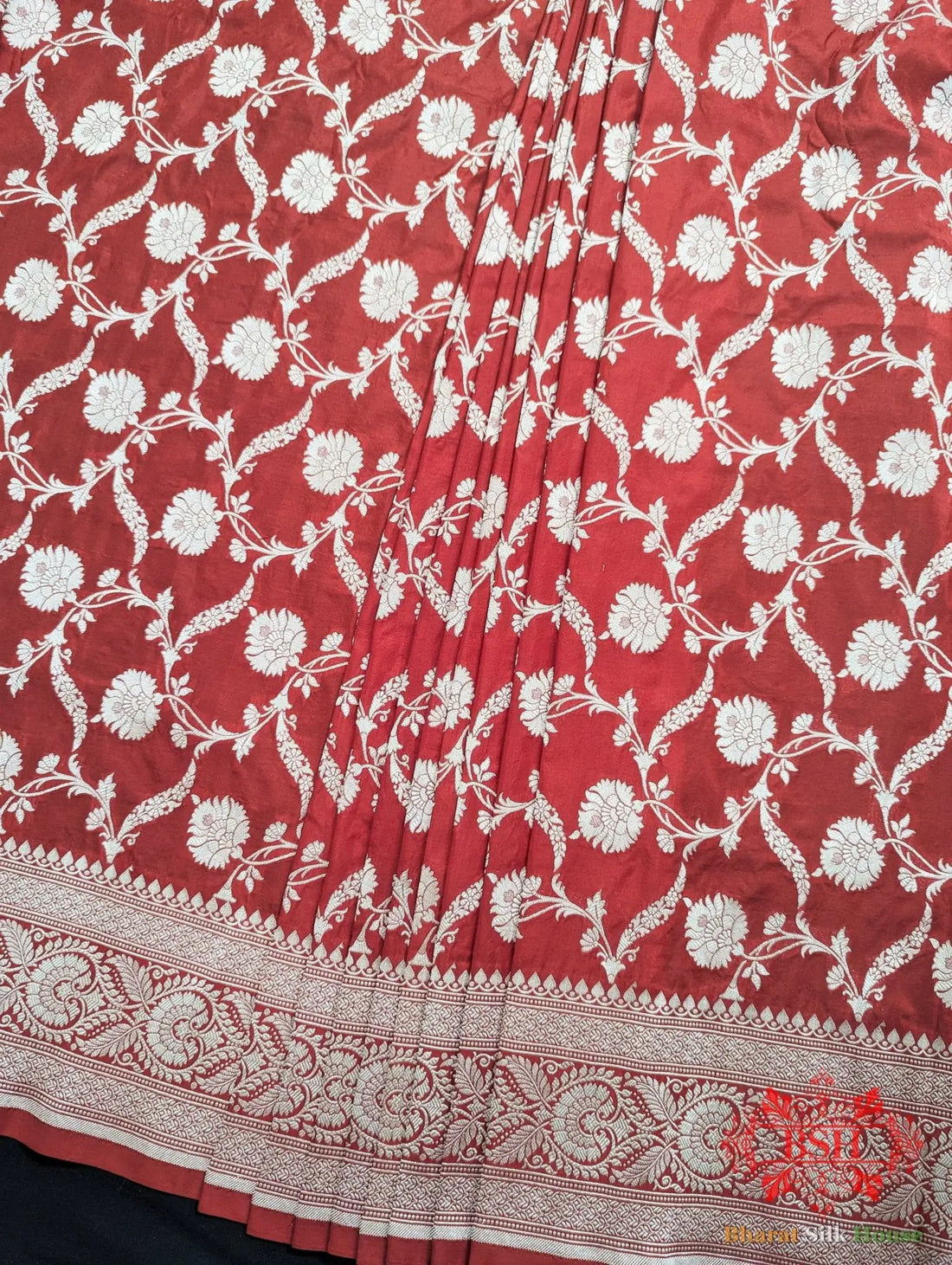 Handloom Banarasi Pure Katan Silk Saree Floral Jaal In Shades Of Red - Bharat Silk House Pure Kataan Silk