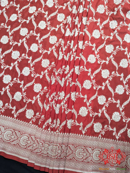 Handloom Banarasi Pure Katan Silk Saree Floral Jaal In Shades Of Red - Bharat Silk House Pure Kataan Silk