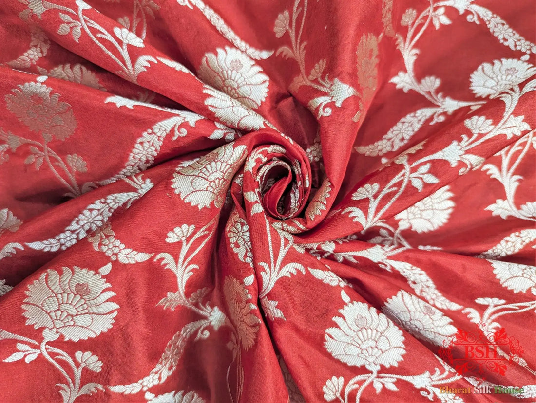 Handloom Banarasi Pure Katan Silk Saree Floral Jaal In Shades Of Red - Bharat Silk House Pure Kataan Silk