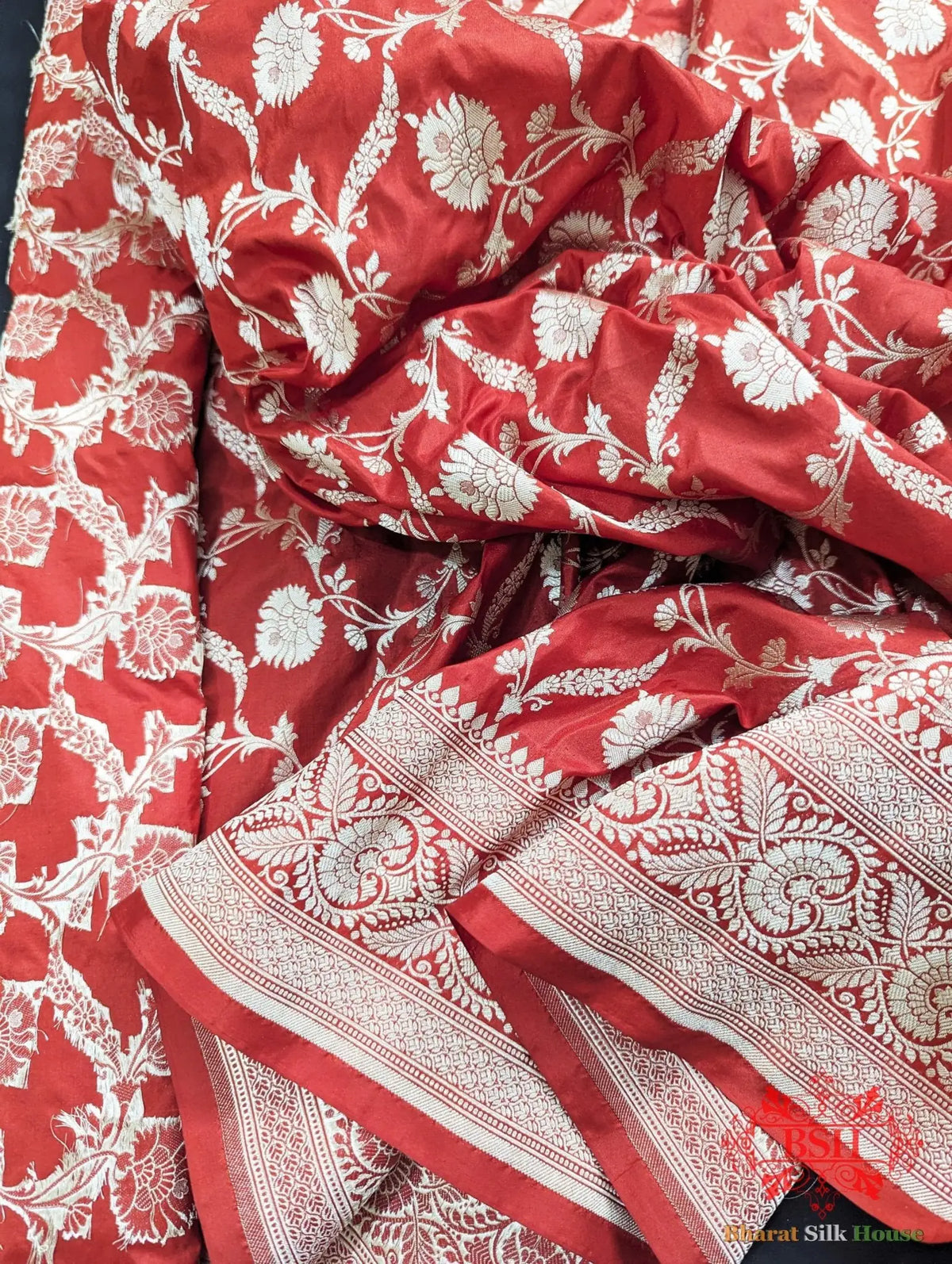 Handloom Banarasi Pure Katan Silk Saree Floral Jaal In Shades Of Red - Bharat Silk House Pure Kataan Silk