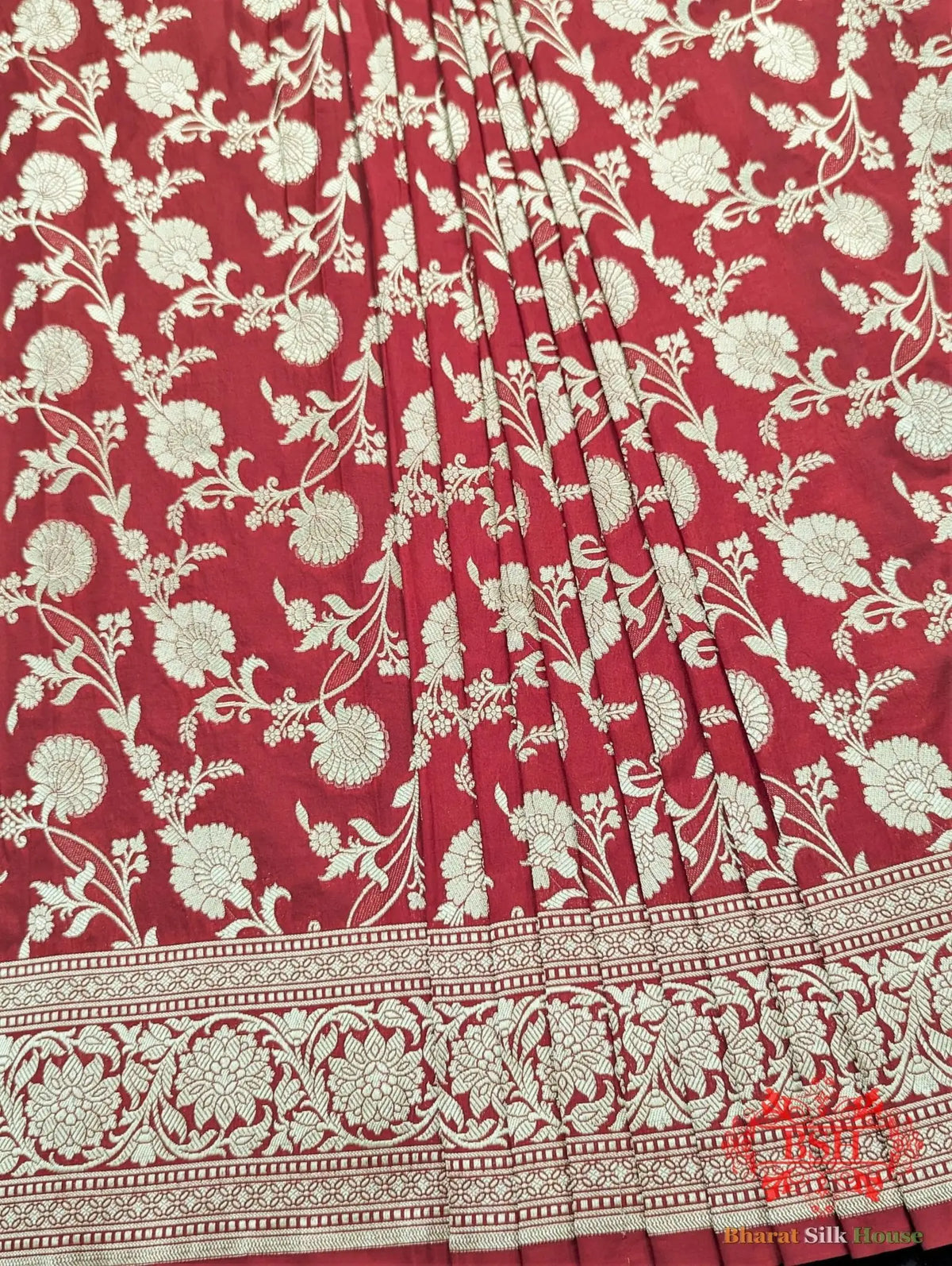 Handloom Banarasi Pure Katan Silk Saree Floral Jaal In Shades Of Red - Bharat Silk House Pure Kataan Silk