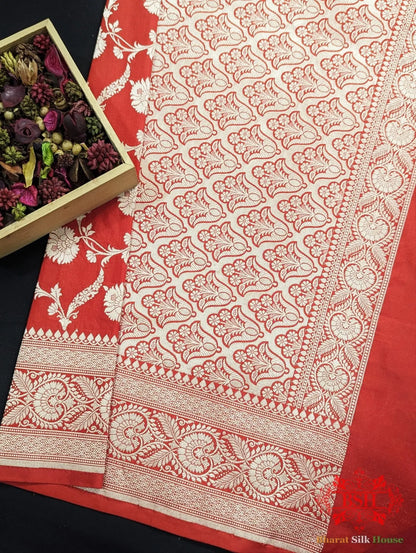 Handloom Banarasi Pure Katan Silk Saree Floral Jaal In Shades Of Red - Bharat Silk House Pure Kataan Silk